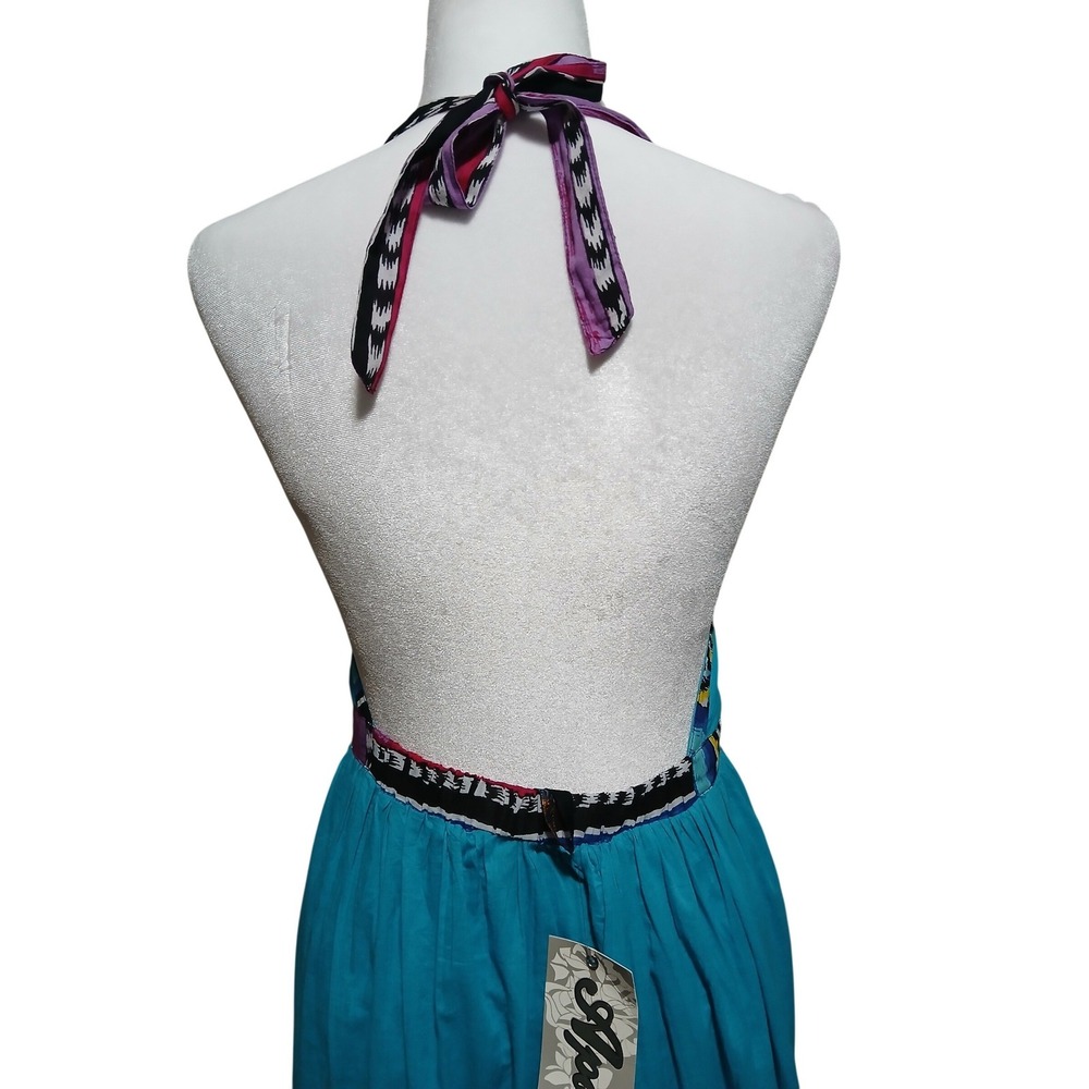 Apollo Womens Turquoise Tribal Ikat Print Halter V-Neck Open Back Maxi Dress M - Picture 4 of 14
